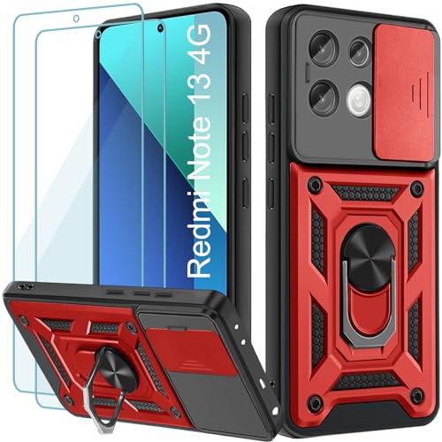 Yohii Schutzhülle für Xiaomi Redmi Note 13 4G, mit 2 Teilen aus gehärtetem Glas, verschiebbare Kameraabdeckung, 360 Grad Ringhalterung aus PC und TPU-Silikon, stoßfest, Rot von Yohii