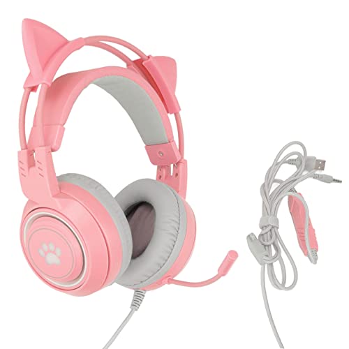 Yoidesu Cat-Ear-Gaming-Headset, USB-Gaming-Kopfhörer, Cat-Ear-Gaming-Kopfhörer USB und 3,5-mm-Stecker-Gaming-Kopfhörer Unterstützt Lautstärkeanpassung, Mikrofon-Stummschaltung(Rosa) von Yoidesu