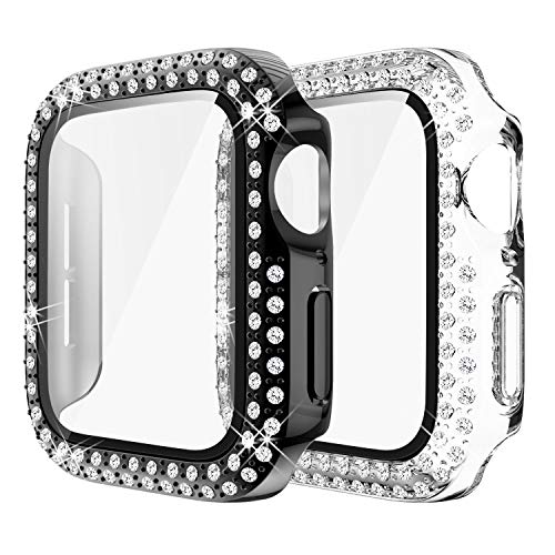 Yolovie (2-Stück Kompatibel für Apple Watch 40mm Hülle für SE Serie 6 5 4 Gehäuse mit Displayschutzfolie aus gehärtetem Glas, Bling Cover Diamonds für iWatch Girl (40mm Transparent/Schwarz von Yolovie