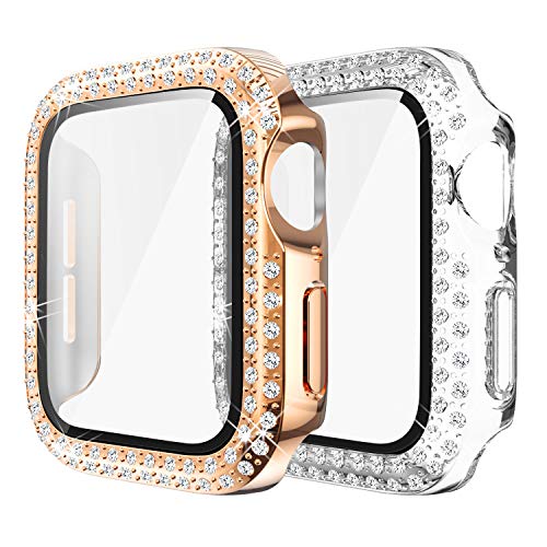 Yolovie (2-Stück) Kompatibel für Apple Watch 41mm Hülle für Serie 8 7 Gehäuse mit Displayschutzfolie aus gehärtetem Glas, Bling Cover Diamonds für iWatch Girl (41mm Transparent/Rosegold von Yolovie