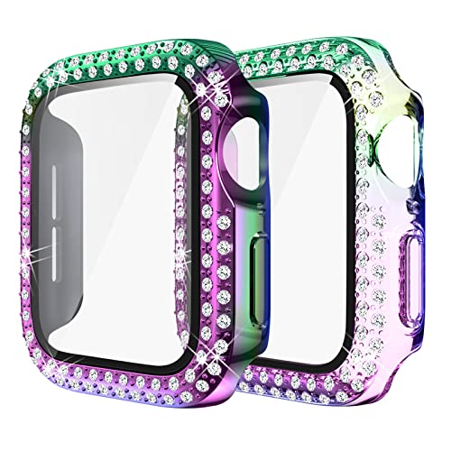 Yolovie (2-Stück) Kompatibel für Apple Watch 41mm Hülle für Serie 8 7 Gehäuse mit Displayschutzfolie aus gehärtetem Glas, Bling Cover Diamonds für iWatch Girl (Transparent Bunt/Bunt von Yolovie