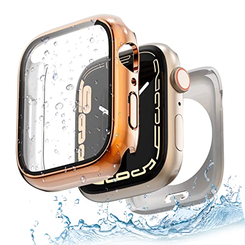 Yolovie 2 in 1 Wasserdichte Hülle Kompatibel für Apple Watch SE SE2 Serie 6 5 4 44mm Zubehör, iWatch Glas Displayschutz Schutz Case Schutzhülle+Hinterer Rahmenfür Damen Herren 44mm Glänzendes Roségold von Yolovie