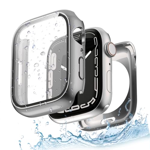 Yolovie 2 in 1 wasserdichte Hülle Kompatibel für Apple Watch Series 9 8 7 41 mm Zubehör, iWatch Glas Displayschutz PC Hard Schutz Case Schutzhülle+Hinterer Rahmenfür Damen Herren 41mm Titan von Yolovie