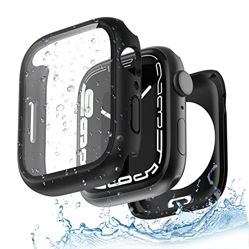 Yolovie 2 in 1 wasserdichte Hülle Kompatibel für Apple Watch Series 9 8 7 45 mm Zubehör, iWatch Glas Displayschutz PC Hard Schutz Case Schutzhülle+Hinterer Rahmenfür Damen Herren 45mm Schwarz von Yolovie