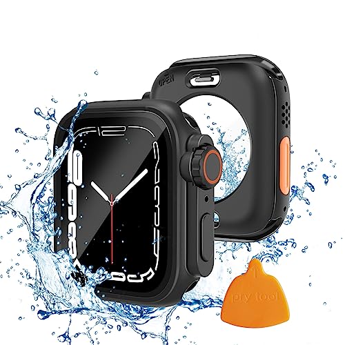 Yolovie 2 in 1 wasserdichte Hülle Kompatibel mit Apple Watch 44mm Displayschutz Series SE SE2 6 5 4【Appke Watch Ultra Style Gehäuse】 iWatch Glas Schutzhülle PC Schutz Case Zubehör 44mm, Schwarz von Yolovie