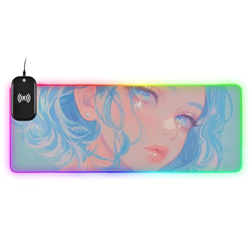 Personalisierbares, glitzerndes blaues Anime-Girl, kabelloses Laden, leuchtendes Tier-Pad, Gaming-Schreibtisch, Tiermatte, cooles Mauspad, waschbar, 80 x 30 cm von Yoogain