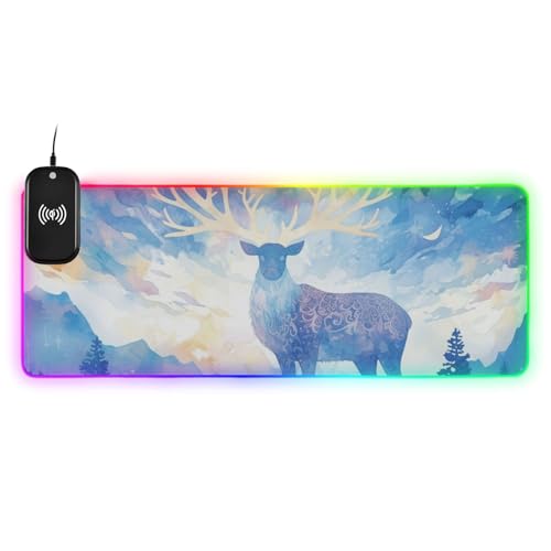 Yoogain Personalisierbares Mauspad mit blauem Hirsch, kabelloses Laden, leuchtende Tastatur, Tierunterlage, großes Tier-Mauspad, Gaming, große Reise, 80 x 30 cm von Yoogain