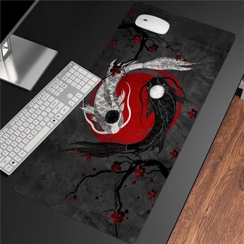 Gaming Mauspad Japanischer schwarzer weißer Fisch,Große XXL Mousepad 700x400x3mm,Schreibtisch Matte mit Anti-Rutsch Basis,Vernähte Kanten Mouse Pad wasserdicht und langlebig für Gaming,Büro,Zuhause von Yoonqun