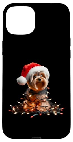 Hülle für iPhone 15 Plus Yorkshire Terrier mit Weihnachtsmütze und Weihnachtsbeleuchtung von Yorkshire Terrier Christmas Products