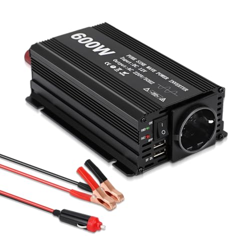 600W Wechselrichter 12V auf 230V Spannungswandler Reiner Sinus Stromumwandler Inverter Auto Zigaretten Adapter Konverter mit 2 USB-Anschluss, Laden Sie Ihr Laptop, Mobiltelefon, Tablette, Kamera von Yosoo Health Gear