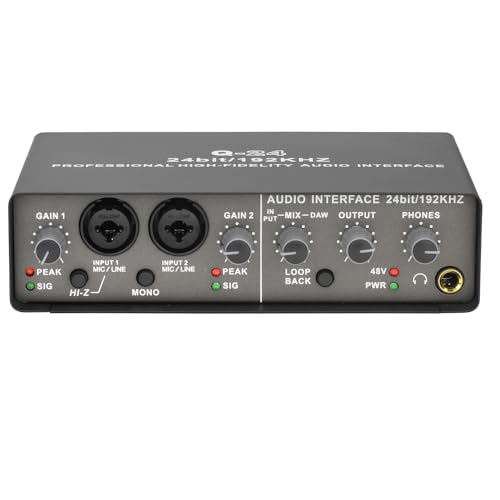 Youdefa Professionelle 24Bit 192KHz Audio-Schnittstelle, 2 Eingänge, Soundkarte für E-Gitarre, Loopback, Externe Studio-PC-Aufnahme, Langlebig, Einfach zu Bedienen von Youdefa