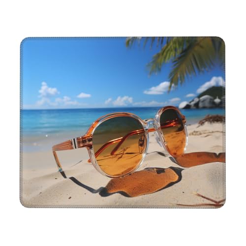 Mauspad mit Sommerbrille und Strand, bedrucktes Computer-Mauspad mit genähtem Rand, Mauspads für Büro, Zuhause, Gaming, Arbeit, Studium von YoupO