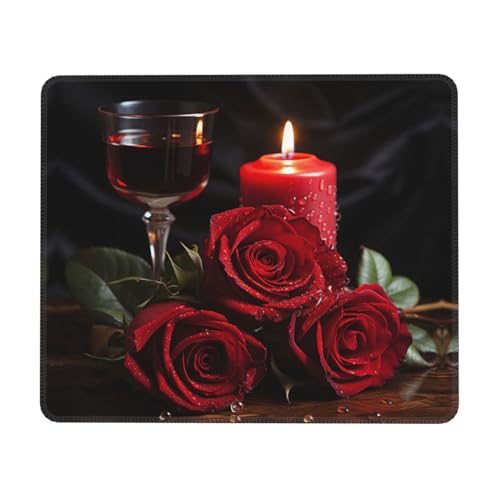 Mauspad mit roter Rose und Kerze, bedrucktes Computer-Mauspad mit genähtem Rand, Mauspads für Büro, Zuhause, Gaming, Arbeit, Studium von YoupO