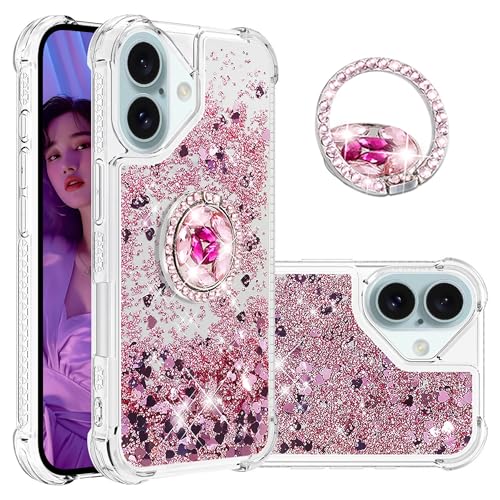 Ysnzaq Glitzer Treibsand Handyhülle für Apple iPhone 16, Klar Bling Fließende Flüssigkeit, Weiche TPU Stoßfest Hülle mit Diamant Ring Halter für Apple iPhone 16 LSZ Roségold von Ysnzaq