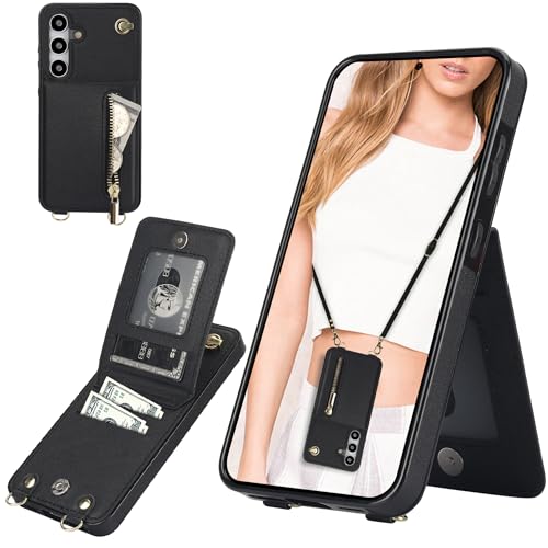 Ysnzaq Handykette Hülle für Samsung Galaxy S24 FE mit Band (Not S24), PU Leder Geldbörse mit Kartenfächern Verstellbarem Lanyard Stoßfeste Handyhülle für Samsung Galaxy S24 FE.XK Black von Ysnzaq