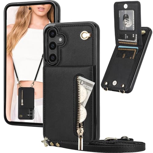 Ysnzaq Handykette Hülle für Samsung Galaxy S25 mit Band, PU Leder Geldbörse mit Kartenfächern Verstellbarem Lanyard Stoßfeste Handyhülle für Samsung Galaxy S25.XK Black von Ysnzaq