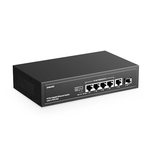YuLinca 6 Port Gigabit PoE Switch, 4 PoE 1 Uplink 1 SFP, 100/1000Mbps, IEEE802.3af/at, Max 65W, Port-Based VLAN, 250m PoE Extend, Fanless Unmanaged Ethernet Switch von YuLinca