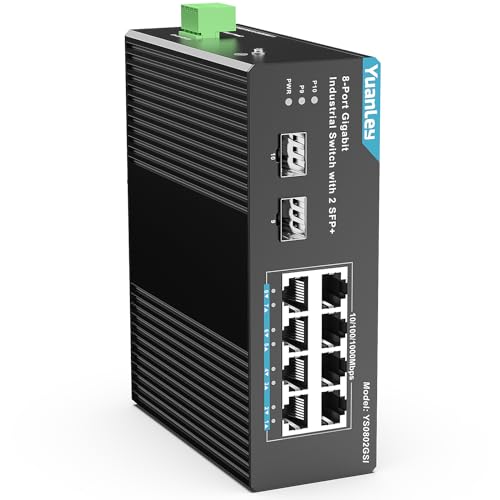 YuanLey Industrieller Ethernet-Switch 8-Port-Gigabit mit 2 SFP, 8 Gigabit-Ethernet-Ports, DIN-Schienen-Switch IP30-zertifiziert, Unmanaged-Netzwerk-Switch (-40 bis 176°F), lebenslanger Schutz von YuanLey