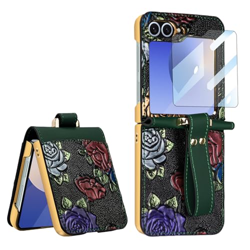 YuetWay Schutzhülle für Samsung Galaxy Z Flip 6, mit Armband, Umhängeband, PU-Leder, 3D-geprägtes Rosenmuster, Scharnierschutz, integrierter Front-Displayschutzfolie, für Damen, Grün, Z Flip6 von YuetWay