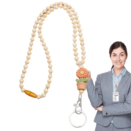 Lehrer-Lanyard mit Ausweishalter, Holzperlen-Lanyards für Frauen,Lehrer-Lanyard für Schlüssel - Niedliches Lehrerschlüssel-Schlüsselband für Freizeit und Urlaub von Yugugomo