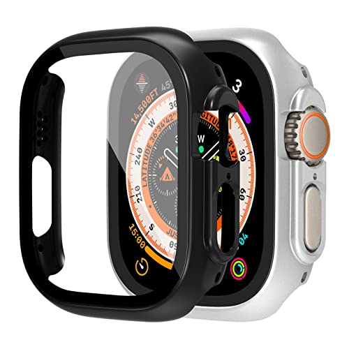 2 Stück kompatibel für Apple Watch Ultra 49mm Hülle,Temperierte Glass Protektor Full Protective Hard PC Cover[Anti-Kratzer] Accessories für IWatch Series 8 Ultra,Schwarz+Silber von YuiYuKa