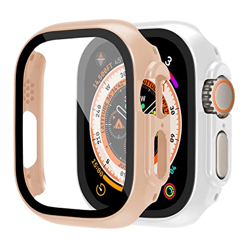 2 Stück kompatibel für Apple Watch Ultra/2 49mm Hülle,Temperierte Glass Protektor Full Protective Hard PC Cover[Anti-Kratzer] Accessories für IWatch Series Ultra/2,Pink+Weiß von YuiYuKa