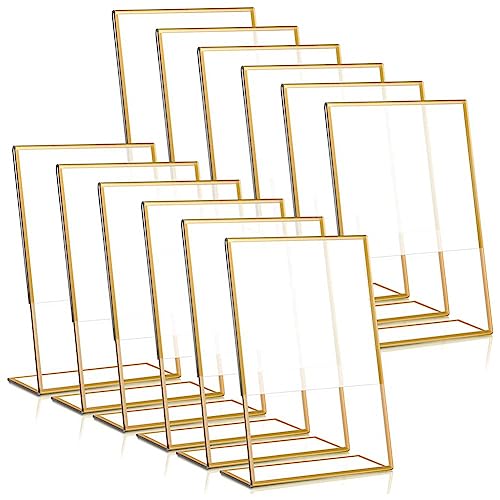 YUMIN 12 StüCk Acryl-Schilderhalter mit Goldenem Rahmen, Hochzeits-Tischnummernhalter, SchräGer Doppelseitiger MenüStäNder, 4 X 6 Vertikal von Yumin