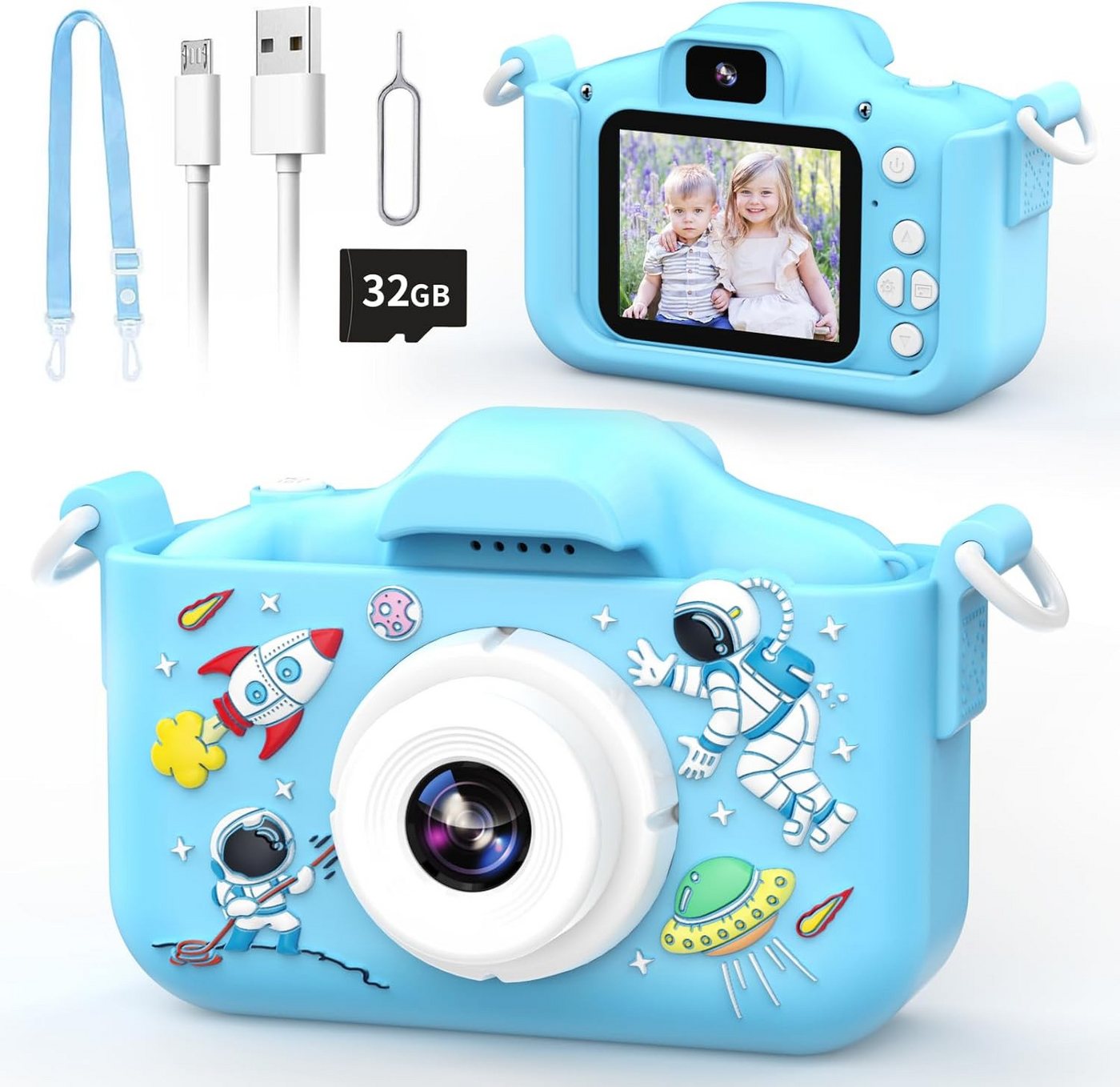 YunLone mit Fotografie & HD 1080p Video, 32 SD-GB Karte, 30 Cartoon-Rahmen Kinderkamera (12 MP, 8x opt. Zoom, Kinderkamera Astronauten Selfie Digital Kamera) von YunLone