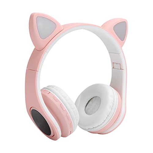 Yunseity Katzenohr-Kinder-Bluetooth-Kopfhörer mit Mikrofon, LED-Beleuchtung für Kinder-Kopfhörer, TF-Unterstützungskarte, über Dem Ohr Faltbares Kinder-Headset für Mädchen, Jungen, Erwachsene(Rosa) von Yunseity