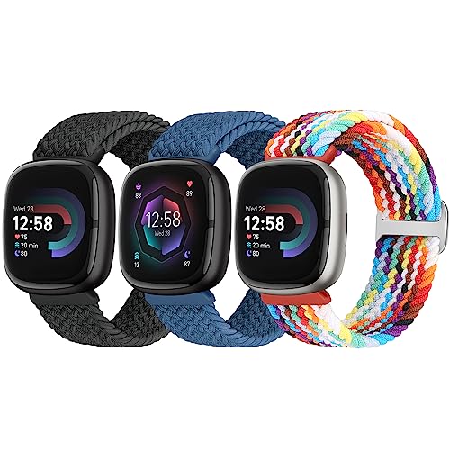 Yunshare 3 Stück Geflochtenes Armband Kompatibel mit Fitbit Versa 4 /Fitbit Sense 2/Fitbit Versa 3/Fitbit Sense, Weiches Elastisch Nylon Sport Solo Loop Ersatzband Damen Herren von Yunshare