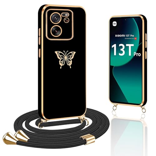 Handykette Kompatibel mit Xiaomi 13T Hülle mit Band, Schmetterling Handyhülle für Xiaomi 13T Pro mit Band Silikon TPU Stoßfeste Schmetterling Schutzhülle Handykette für Xiaomi 13T/13T Pro, Schwarz von Yutwo