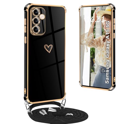 Handykette Samsung Galaxy A55 5G Hülle mit Band, Handyhülle für Samsung Galaxy A55 5G mit Band Stoßfeste Hülle mit Love Herz Galvanik Kordel Schutzhülle für Samsung Galaxy A55 5G mit Band, Schwarz von Yutwo