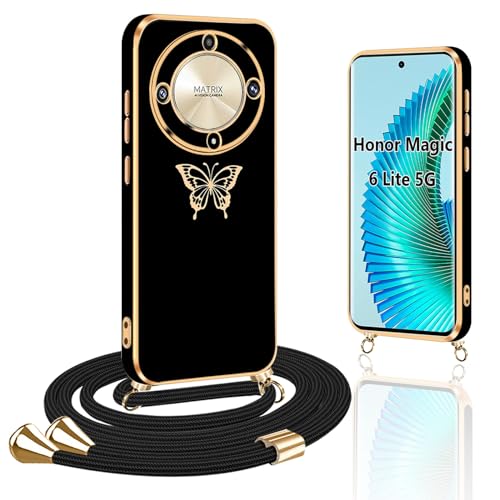 Yutwo Handykette Kompatibel mit Honor Magic6 Lite 5G Hülle mit Band, Schmetterling Handyhülle mit Band Silikon TPU Stoßfeste Schmetterling Schutzhülle Handykette für Honor Magic 6 Lite 5G, Schwarz von Yutwo