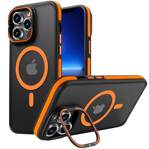 Yzoiko Magnetische Schutzhülle für iPhone 13 Pro [3 m Schutz in Militärqualität], integrierter Kameraständer, kompatibel mit MagSafe, stoßfest, dünn, 15,5 cm (6,1 Zoll), mattes Orange von Yzoiko