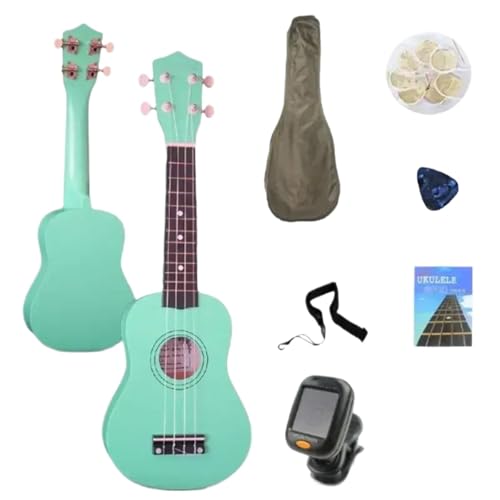 ukulele 21-Zoll-Ukulele-Set 4 Saiten Combo Hawaii-Bass Saitenmusikinstrument-Set Kits + Stimmgerät + Saite + Gurt + Tasch(Green) von ZALHIN