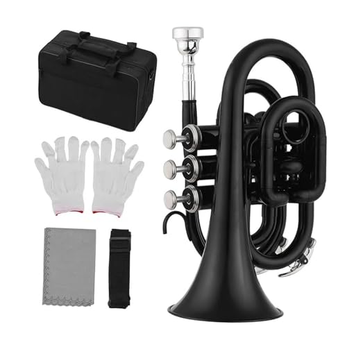 Trompeten-Set Mini-Taschentrompete, Flaches Bb-Messingblasinstrument Mit Handschuhen, Tragetasche. Blechblasinstrument(Black) von ZAMASS