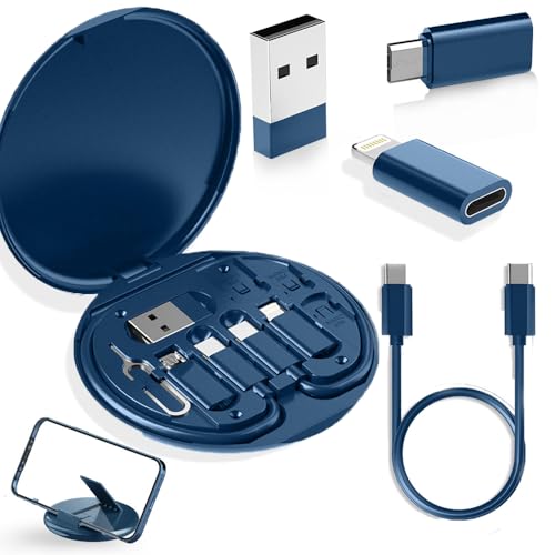 ZANWANXIN Humorous 9 in 1 Cable Case, Portable 60W Data Cable Adapter Kit, Multifunction Cable Box, Variable Mobile Phone Holder, USB Adapter Cable Conversion Storage Box for Travel (Blue) von ZANWANXIN