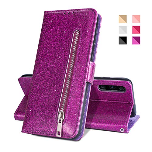 ZCDAYE Brieftasche Hülle für Galaxy A70,Glitter Funkeln Reißverschluss PU Leder Magnetische Flip Stand Handyhülle mit Kartenfach und Trageschlaufe Schutzhülle für Samsung Galaxy A70,Lila von ZCDAYE