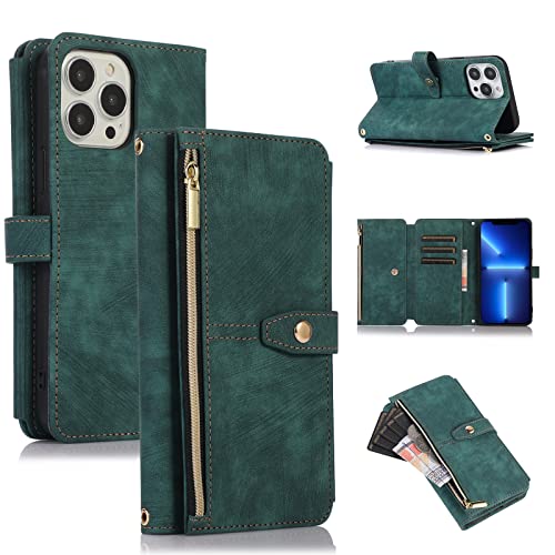 ZCDAYE Schutzhülle für iPhone 13 Pro Max, iPhone 13 Pro Max (6,7 Zoll) Brieftaschen-Handyhülle, Premium-Reißverschluss (mit Armband) Flip Lederhülle für iPhone 13 Pro Max (6,7 Zoll) – Grün von ZCDAYE