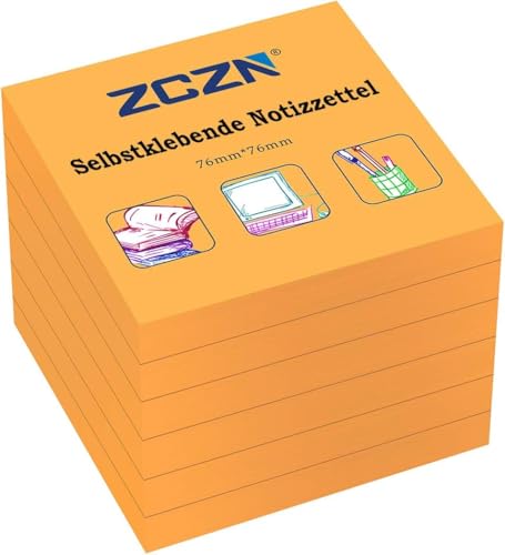 ZCZN Haftnotiz Sticky Notes Selbstklebende Haftnotizzettel Notizzettel Klebezettel 6 Blöcke, 80 Blatt, 76 x 76 mm, orange von ZCZN