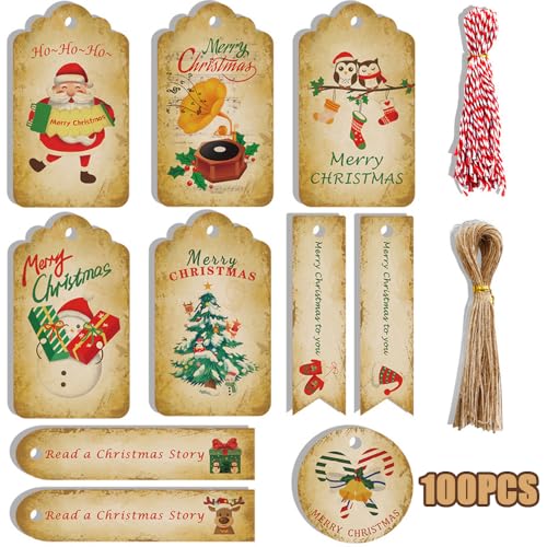 100 Stück Weihnachtsgeschenkanhänger,Geschenkanhänger Weihnachten Kraftpapier,Weihnachten Anhänger Geschenk,Kraftpapier Etiketten Weihnachten,Geschenkanhänger Kraftpapier von ZDQC