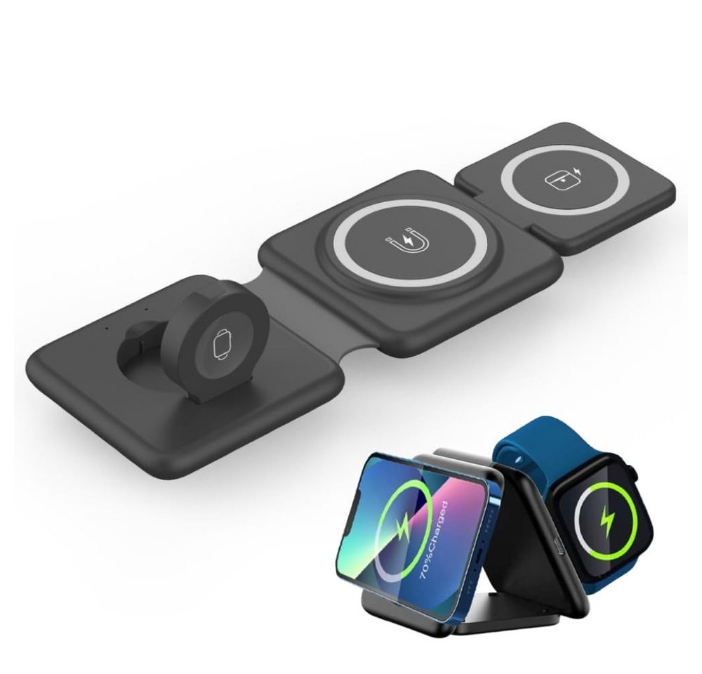 ZEUOPQ 3-in-1 Induktive Ladestation Wireless Charger Faltbar Multifunktional Ladestation (3-in-1-Magnetisches Ladegerät für Apple Watch, iPhone und AirPods, Magnetische Ausrichtung, Überhitzungsschutz, universell kompatibel, Faltbar, benutzerfreundlich, LED-Anzeige, vertikales und flaches Laden) von ZEUOPQ