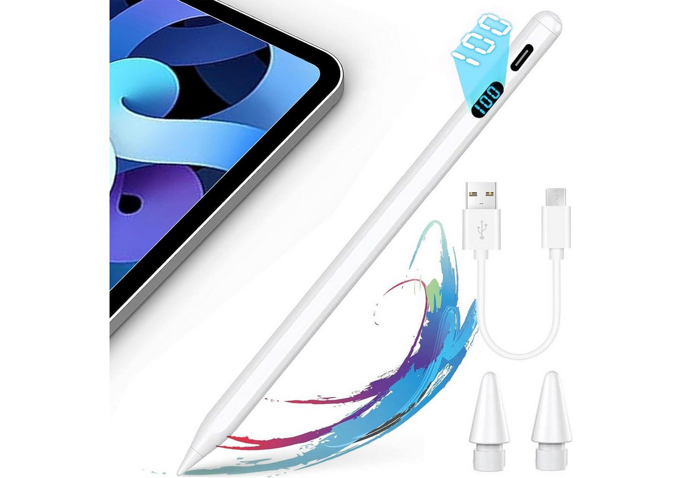 ZEUOPQ Eingabestift Eingabestift Stylus Stift Touchpen Kompatibel mit Apple iPad 2018-2023 (inklusive Ersatzfeder, aus POM-Material, mit digitalen LED-Anzeige) mit anti touch Funktion und neigungssensitivität von ZEUOPQ