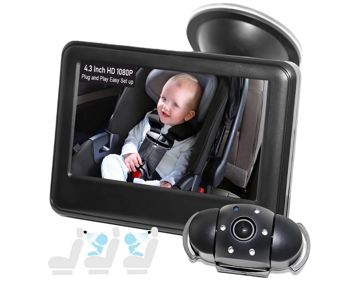 ZEUOPQ Video-Babyphone Auto-Babyphone Video Baby Monitor 4,3-Zoll LCD, 120° Weitwinkel, mit Halterung Zwei-Wege-Audio,HD 1080P Augenschutz Infrarot-Nachtsicht, 1-tlg., einfache Installation für Rücksitz wiederverwendbare Saugnapfhalterung, Extra Großer 4,3-Zoll-IPS-Bildschirm von ZEUOPQ