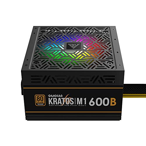 GAMDIAS KRATOS M1 600W PC-ATX-Netzteil, Nicht Modular, Leiser 120-mm-PWM-Lüfter, 80 PLUS Bronze, PWM & ARGB-Synchronisation, 85 % Effizienz, Schwarz von GAMDIAS