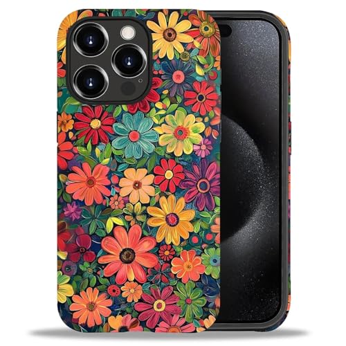 ZHEGAILIAN Schutzhülle für iPhone 15 Pro Max, bunte rote Blumen, 2-in-1-Hartschale und Silikon, stoßfeste Stoßfängerhülle für iPhone 15 Pro Max von ZHEGAILIAN