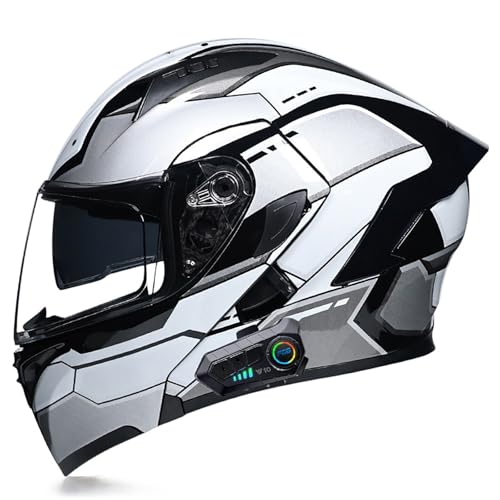 Modulare Bluetooth-Motorradhelme, DOT/ECE-Geprüfter Hochklappbarer Integralhelm Mit Doppelvisier, Zwei Lautsprechern Und Mikrofon Für Erwachsene, Männer Und Frauen E,M=57-58CM von ZHGAXING