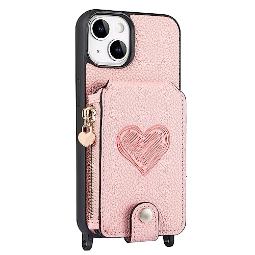 ZHSHJI 14 ProMax Schutzhülle für iPhone 14/14 Plus/14 Pro/14 Pro Max mit Handschlaufe, Kartenhalter, Ständer, Reißverschluss, Umhängeband, Brieftasche, magnetisch, Leder, Rosa von ZHSHJI