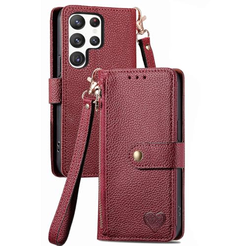 ZHSHJI Schutzhülle für Samsung Galaxy S24, S24 Plus, S24, Ultra, PU-Leder, Klappetui, mit Armband, Kartenhalter, Ständer, magnetische Schutzhülle (Rot, forS24Ultra) von ZHSHJI