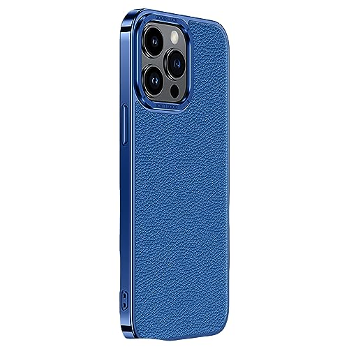 ZHSHJI Schutzhülle für iPhone 14 Pro Max/14 Pro/14 Plus/14, echtes Leder, schmal, galvanisiert, TPU-Rahmen, vollständiger Kameraschutz, stoßfeste Handyabdeckung (Blau, 14Pro) von ZHSHJI